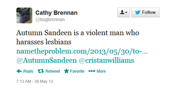 Thumbnail link: Cathy Brennan Tweet about Autumn Sandeen from May 30, 2013