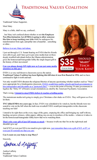 Thumbnail link: Traditional Values Coalition's fundraising email 'Mary Needs Help' (Antitrans fundraising email)