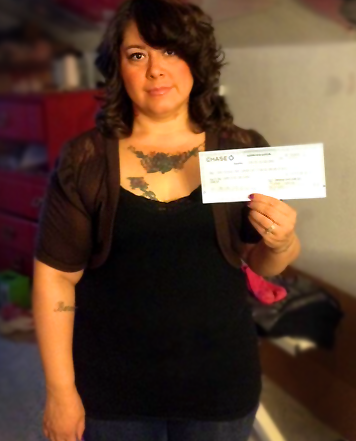 Proof of donation: Jane Doe's mom receives check. 