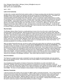 Thumbnail link: Michigan Womyn's Music Festival Letter to the Community (from MichFest, signed by Lisa Vogel, April 12, 2013)