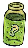 Illustration depicting Gallus Mag's habit of putting the bitten off ears of rowdy, complaining customers of the Hole In The Wall bar into jars. Illustrated by Susan Synarski.