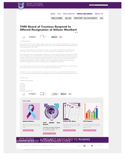 Thumbnail link: THRI - TVTP Board Of Trustees Respond To Offered Resignation Of Allison Woolbert, dated January 12, 2015