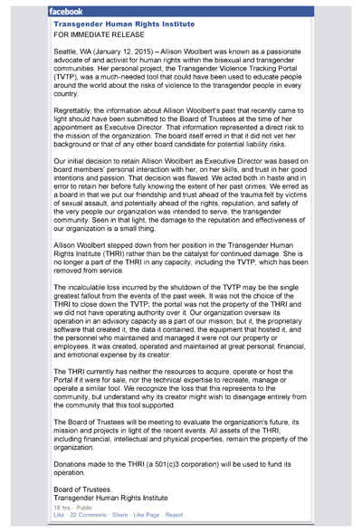 Thumbnail Link: THRI media release accepting Allison Woolbert's resignation letter, January 12, 2015