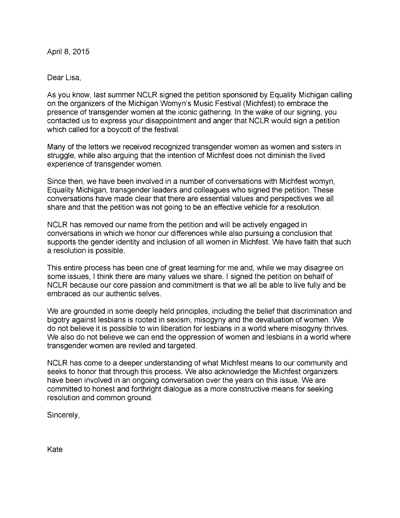 Thumbnail Link: copy of NCLR's Kate Kendall's Letter To MichFest's Lisa Vogel, Dated April 8, 2015